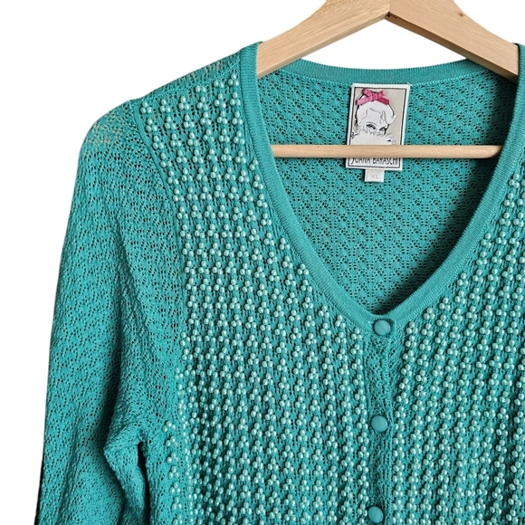 Yoana Baraschi teal Blue retro Beaded Green Crochet Cardigan Sweater Size XL - Picture 3 of 5